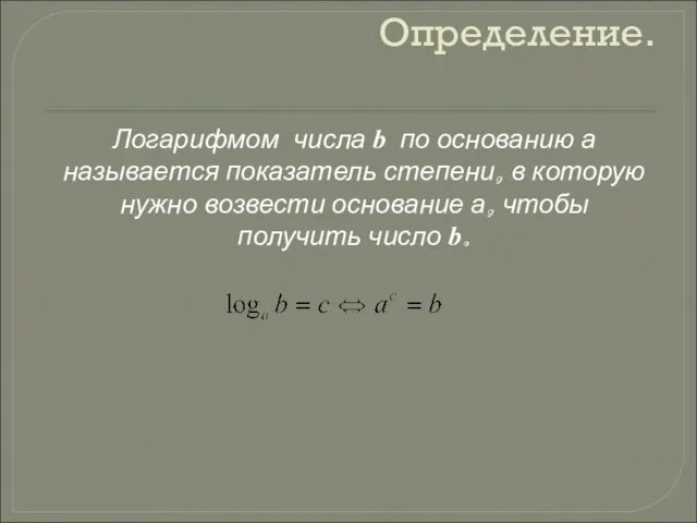 Определение. Логарифмом числа b по основанию а называется показатель степени, в