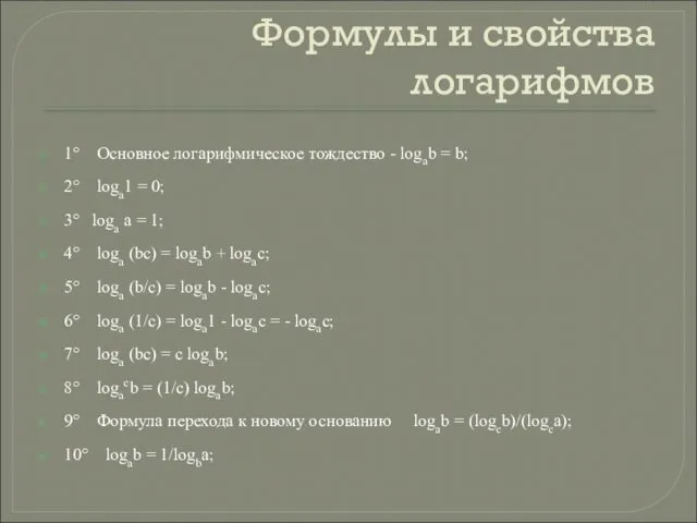 Формулы и свойства логарифмов 1° Основное логарифмическое тождество - logab =