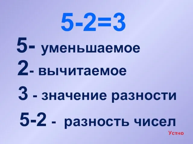 5-2=3 5- уменьшаемое 2- вычитаемое 3 - значение разности 5-2 - разность чисел