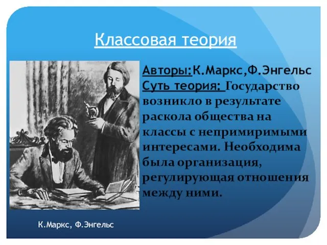 Классовая теория Авторы:К.Маркс,Ф.Энгельс Суть теория: Государство возникло в результате раскола общества