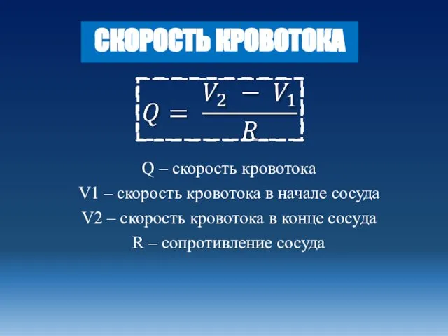 СКОРОСТЬ КРОВОТОКА Q – скорость кровотока V1 – скорость кровотока в