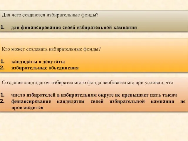 Для чего создаются избирательные фонды? для финансирования своей избирательной кампании Кто