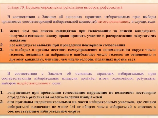 Статья 70. Порядок определения результатов выборов, референдума В соответствии с Законом