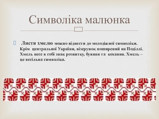 Листя хмелю можно віднести до молодіжної символіки. Крім центральної України, візерунок