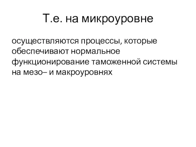 Т.е. на микроуровне осуществляются процессы, которые обеспечивают нормальное функционирование таможенной системы на мезо– и макроуровнях