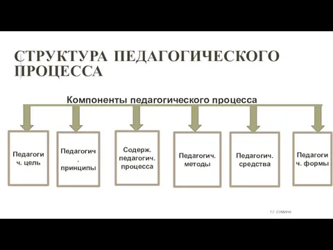 СТРУКТУРА ПЕДАГОГИЧЕСКОГО ПРОЦЕССА Компоненты педагогического процесса Педагогич. цель Педагогич. принципы Содерж.