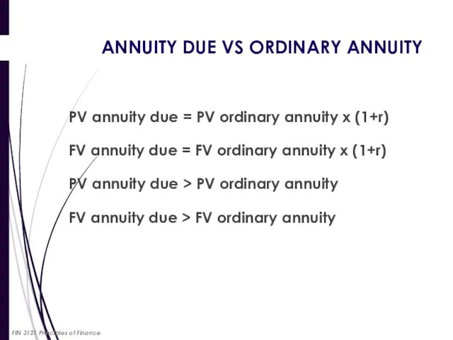 PV annuity due = PV ordinary annuity x (1+r) FV annuity