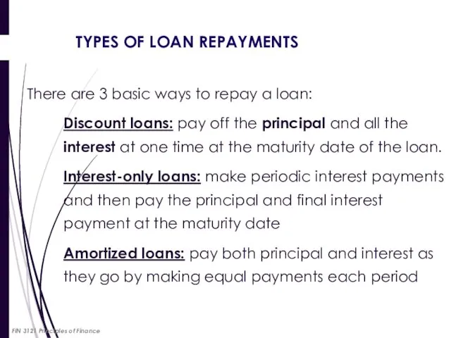 TYPES OF LOAN REPAYMENTS There are 3 basic ways to repay