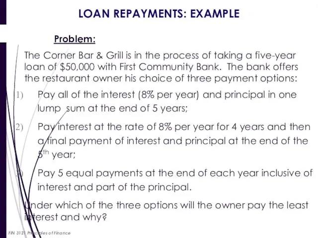 LOAN REPAYMENTS: EXAMPLE Problem: The Corner Bar & Grill is in