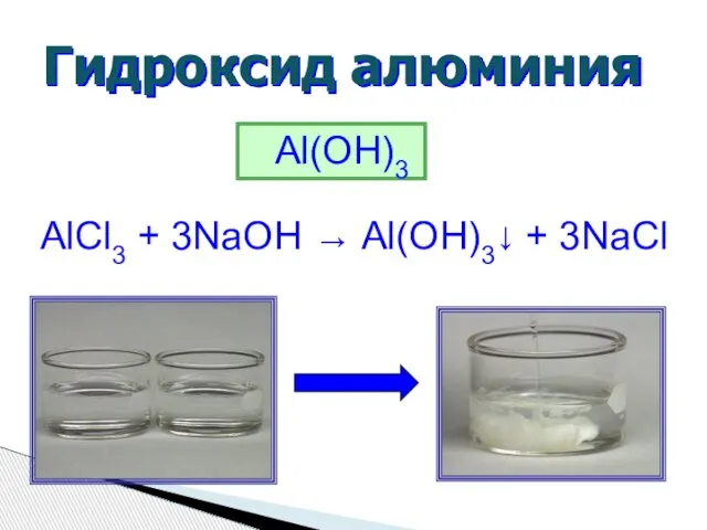 Гидроксид алюминия Al(OH)3 AlCl3 + 3NaOH → Al(OH)3↓ + 3NaCl