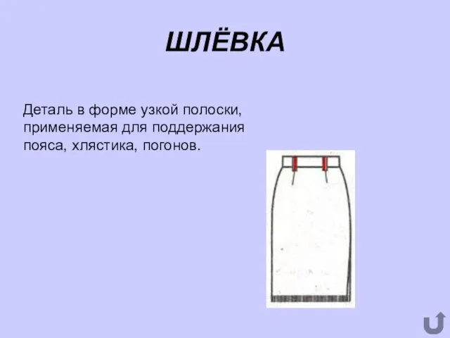 ШЛЁВКА Деталь в форме узкой полоски, применяемая для поддержания пояса, хлястика, погонов.