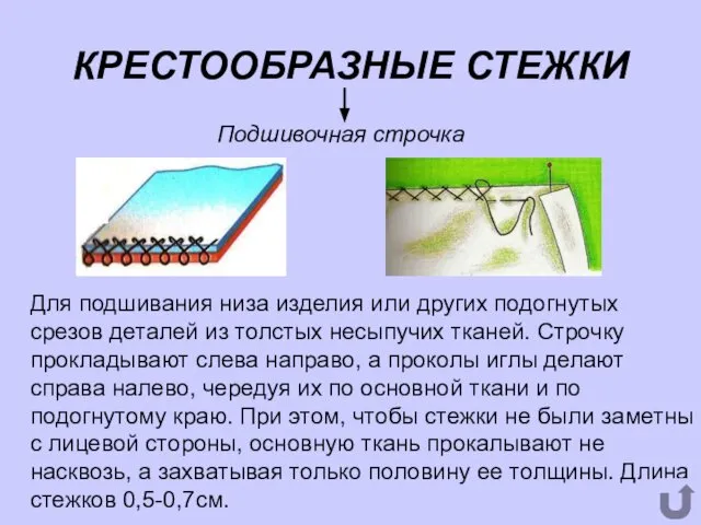 КРЕСТООБРАЗНЫЕ СТЕЖКИ Подшивочная строчка Для подшивания низа изделия или других подогнутых