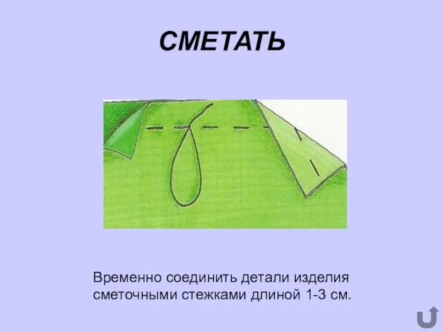 СМЕТАТЬ Временно соединить детали изделия сметочными стежками длиной 1-3 см.