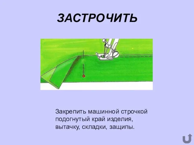 ЗАСТРОЧИТЬ Закрепить машинной строчкой подогнутый край изделия, вытачку, складки, защипы.