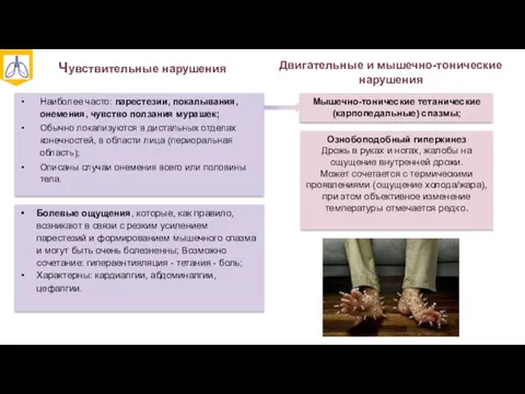 Чувствительные нарушения Наиболее часто: парестезии, покалывания, онемения, чувство ползания мурашек; Обычно