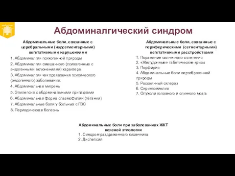 Абдоминалгический синдром Абдоминальные боли, связанные с церебральными (надсегментарными) вегетативными нарушениями 1.