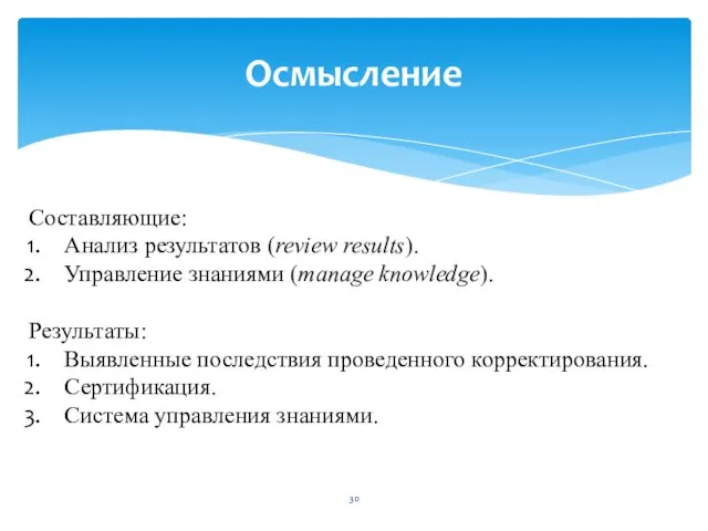 Осмысление Составляющие: Анализ результатов (review results). Управление знаниями (manage knowledge). Результаты: