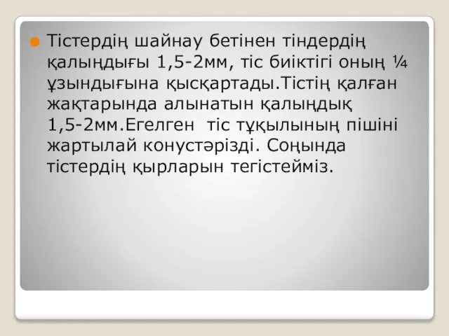 Тістердің шайнау бетінен тіндердің қалыңдығы 1,5-2мм, тіс биіктігі оның ¼ ұзындығына