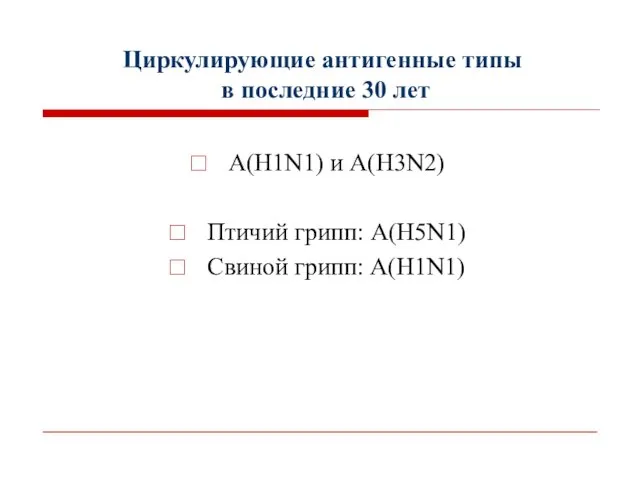 Циркулирующие антигенные типы в последние 30 лет А(H1N1) и A(H3N2) Птичий грипп: А(H5N1) Свиной грипп: А(H1N1)