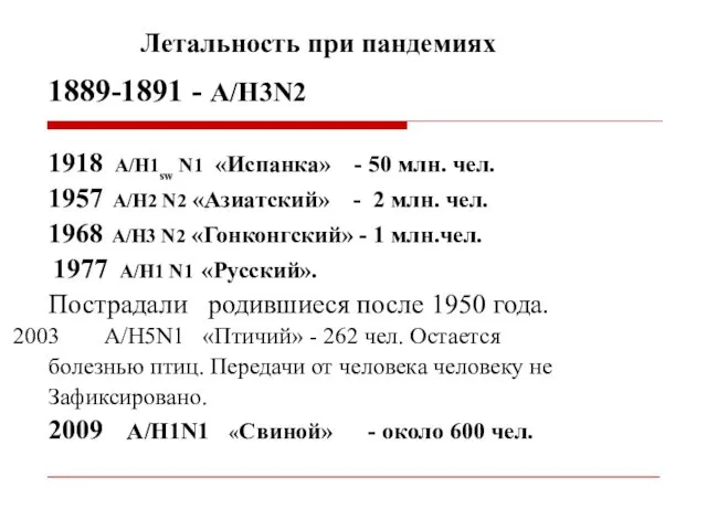 1889-1891 - A/H3N2 1918 A/H1sw N1 «Испанка» - 50 млн. чел.