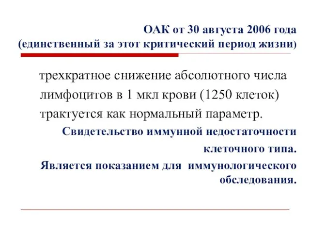 трехкратное снижение абсолютного числа лимфоцитов в 1 мкл крови (1250 клеток)