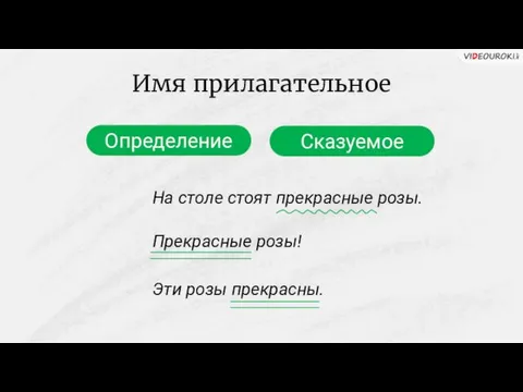 Имя прилагательное Определение Сказуемое На столе стоят прекрасные розы. Эти розы прекрасны. Прекрасные розы!