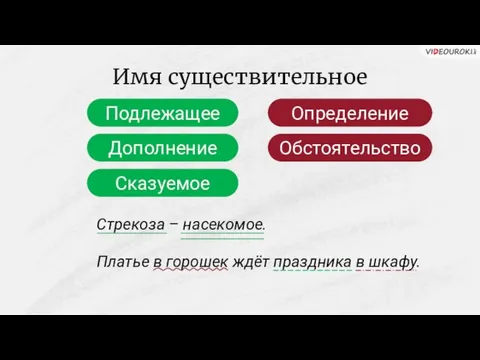 Имя существительное Подлежащее Дополнение Сказуемое Определение Обстоятельство Стрекоза – насекомое. Платье