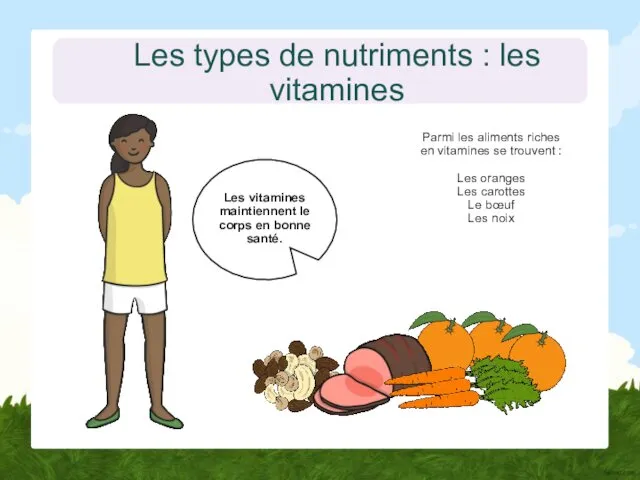 Les types de nutriments : les vitamines Les vitamines maintiennent le