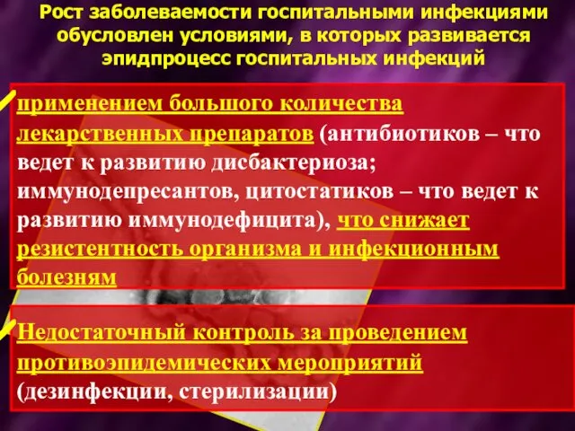 Рост заболеваемости госпитальными инфекциями обусловлен условиями, в которых развивается эпидпроцесс госпитальных