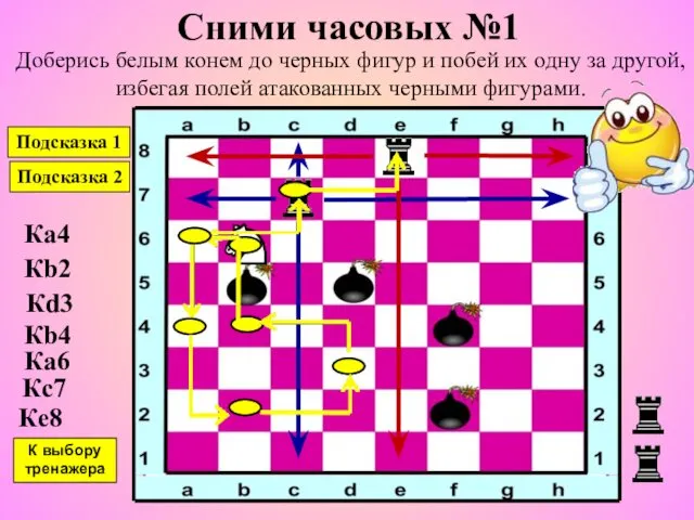 Сними часовых №1 Доберись белым конем до черных фигур и побей