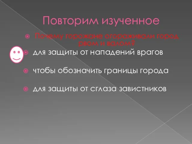 Повторим изученное Почему горожане огораживали город рвом и валом? для защиты