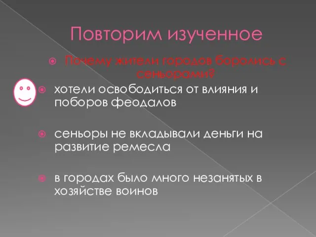 Повторим изученное Почему жители городов боролись с сеньорами? хотели освободиться от