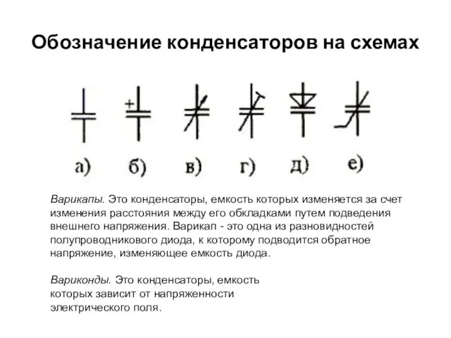 Обозначение конденсаторов на схемах Вариконды. Это конденсаторы, емкость которых зависит от