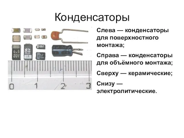 Конденсаторы Слева — конденсаторы для поверхностного монтажа; Справа — конденсаторы для