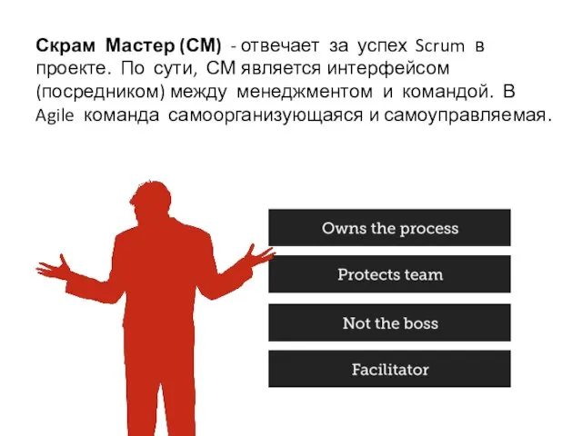 Скрам Мастер (СМ) - отвечает за успех Scrum в проекте. По