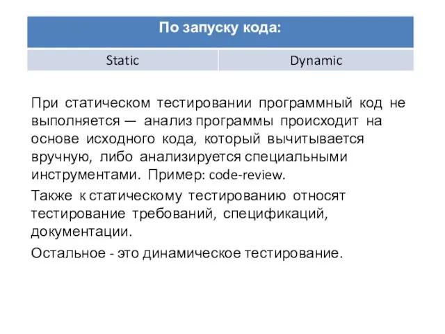 При статическом тестировании программный код не выполняется — анализ программы происходит