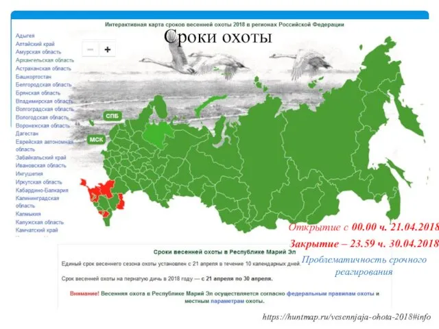 Сроки охоты Открытие с 00.00 ч. 21.04.2018 Закрытие – 23.59 ч. 30.04.2018 Проблематичность срочного реагирования https://huntmap.ru/vesennjaja-ohota-2018#info