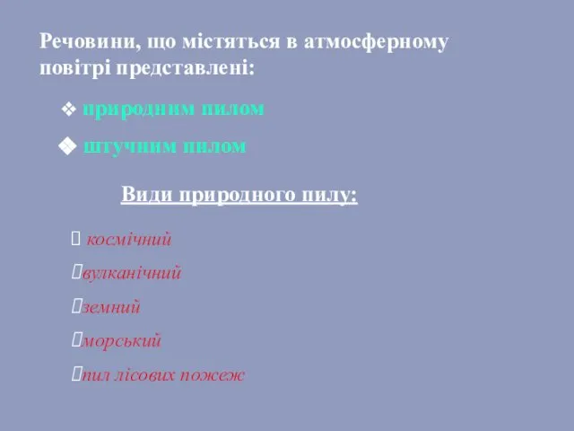 Речовини, що містяться в атмосферному повітрі представлені: природним пилом штучним пилом