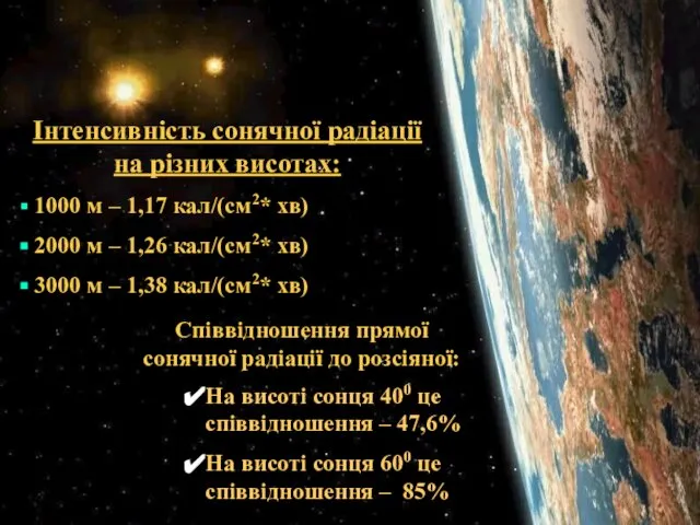 Інтенсивність сонячної радіації на різних висотах: 1000 м – 1,17 кал/(см2*