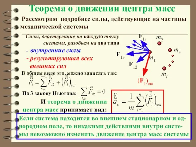 Теорема о движении центра масс Рассмотрим подробнее силы, действующие на частицы