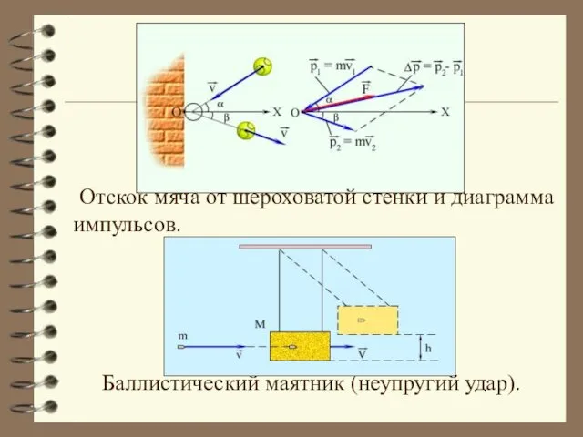 Отскок мяча от шероховатой стенки и диаграмма импульсов. Баллистический маятник (неупругий удар).