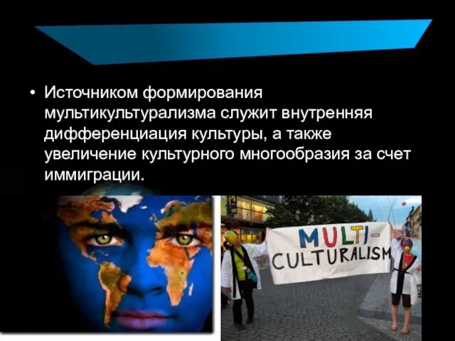 Источником формирования мультикультурализма служит внутренняя дифференциация культуры, а также увеличение культурного многообразия за счет иммиграции.