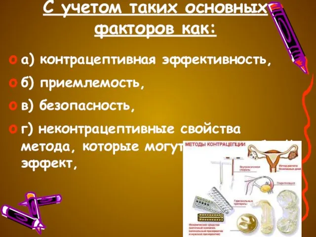 C учетом таких основных факторов как: а) контрацептивная эффективность, б) приемлемость,