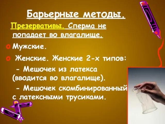 Барьерные методы. Презервативы. Сперма не попадает во влагалище. Мужские. Женские. Женские