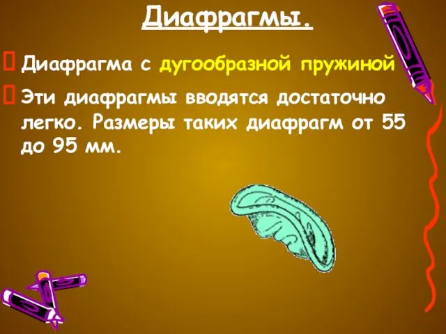 Диафрагмы. Диафрагма с дугообразной пружиной Эти диафрагмы вводятся достаточно легко. Размеры