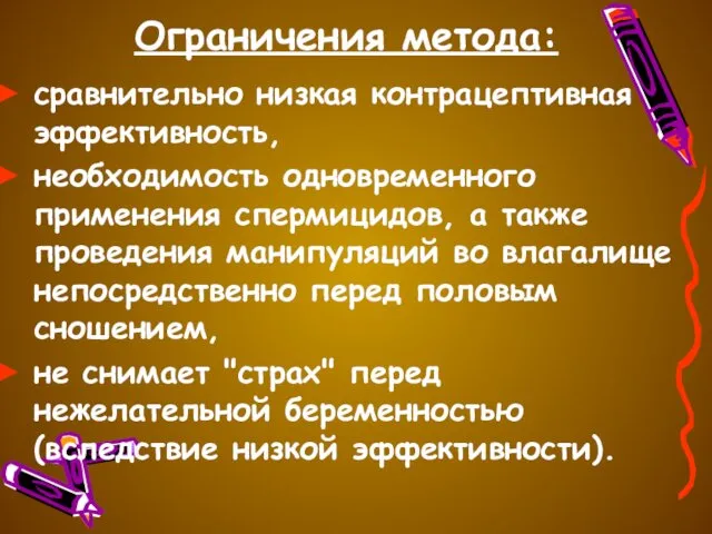 Ограничения метода: сравнительно низкая контрацептивная эффективность, необходимость одновременного применения спермицидов, а