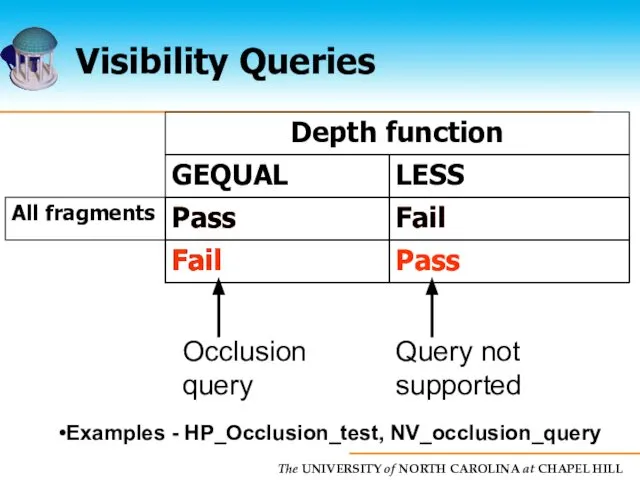 Visibility Queries Depth function GEQUAL LESS All fragments Pass Examples - HP_Occlusion_test, NV_occlusion_query