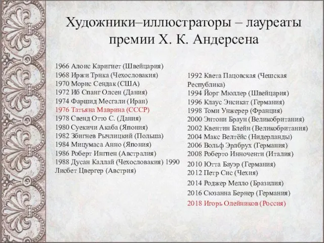 Художники–иллюстраторы – лауреаты премии Х. К. Андерсена 1966 Алоис Каригиет (Швейцария)