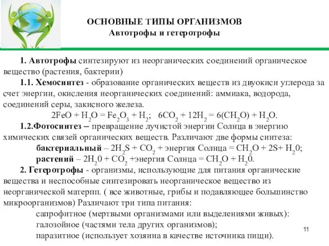 1. Автотрофы синтезируют из неорганических соединений органическое вещество (растения, бактерии) 1.1.