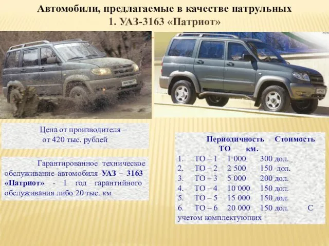 Автомобили, предлагаемые в качестве патрульных 1. УАЗ-3163 «Патриот» Гарантированное техническое обслуживание